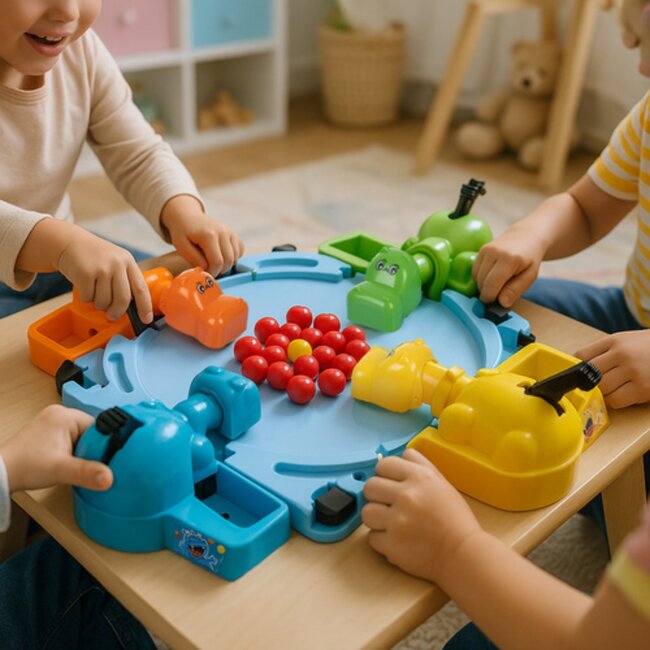 Ruhhy  Hungry Hippos arcade spel – klassiek familiespel met kleurrijke nijlpaarden en balletjes