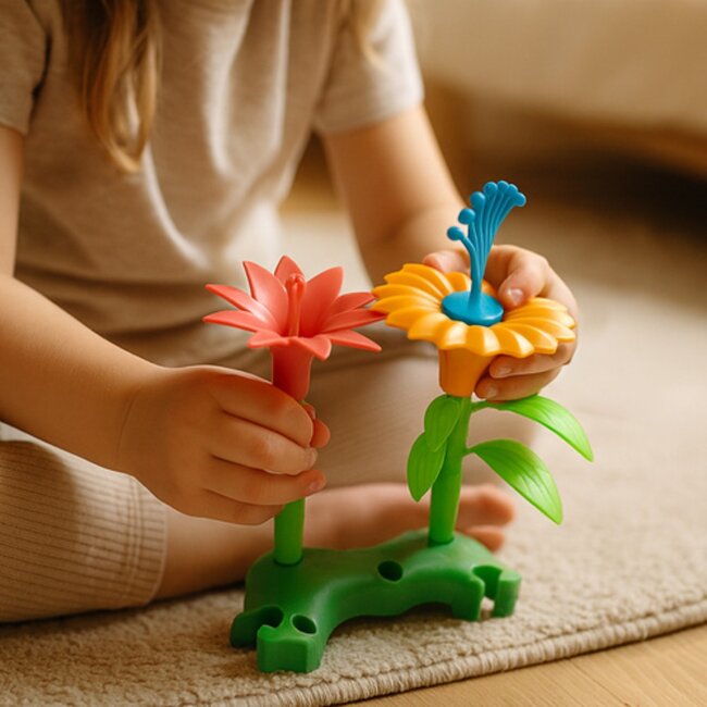 Kruzzel Bloemen bouwset 139-delig – kleurrijk constructiespeelgoed met koffer op wieltjes