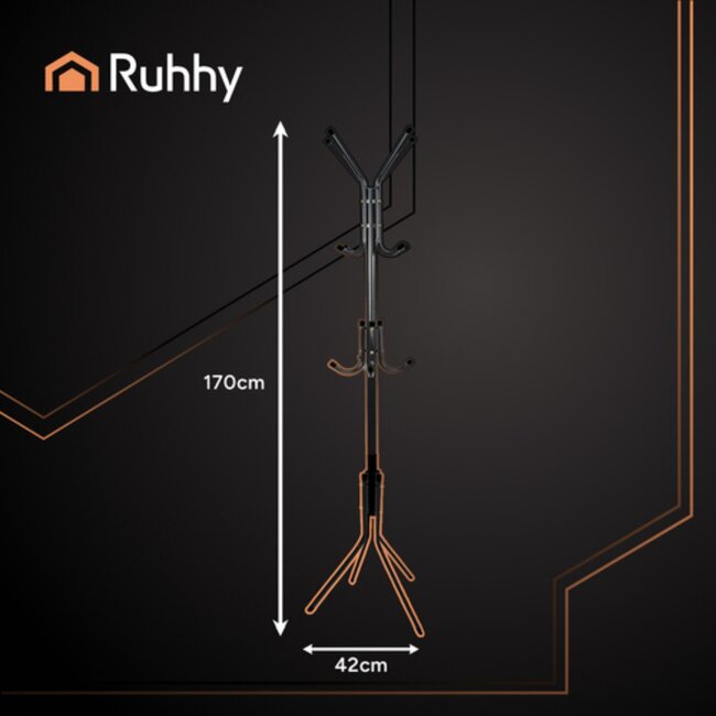 Kaminer Staande kapstok zwart metaal 170 cm – stevige vrijstaande kapstok met meerdere haken