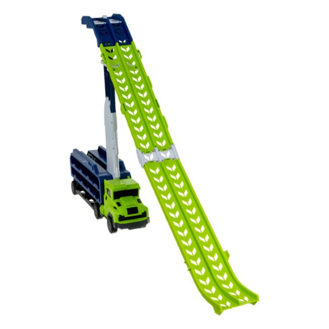 Ruhhy Speelgoed truck met racebaan en 6 auto’s – grote vrachtwagen met dubbele hellingbanen voor kinderen