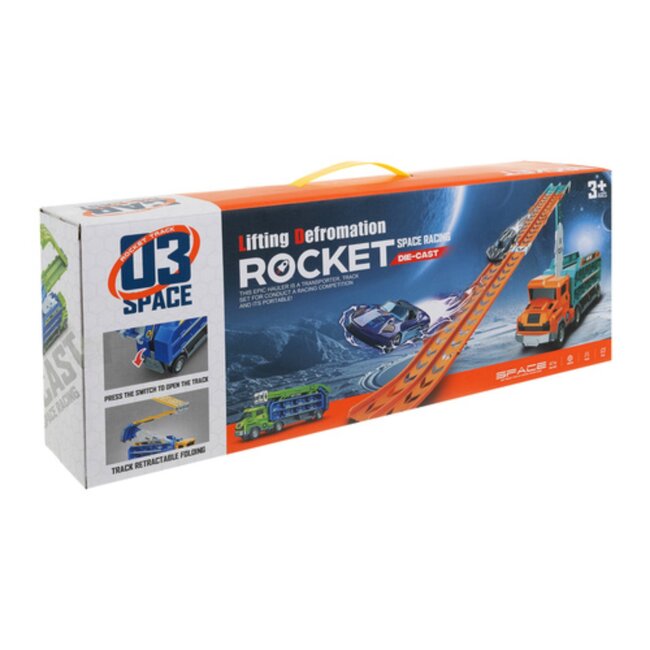 Ruhhy Speelgoed truck met racebaan en 6 auto’s – grote vrachtwagen met dubbele hellingbanen voor kinderen