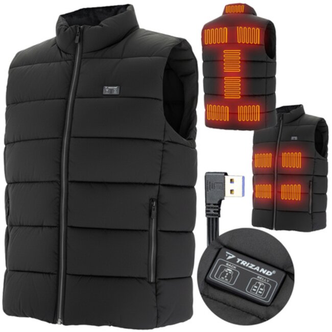 Trizand USB verwarmd vest Maat L zwart – unisex elektrisch warmtevest met instelbare warmtezones voor buiten en dagelijks gebruik