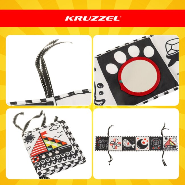 Kruzzel Zwart-wit baby voelboek – zacht contrast boekje met dieren en vormen voor sensorische stimulatie