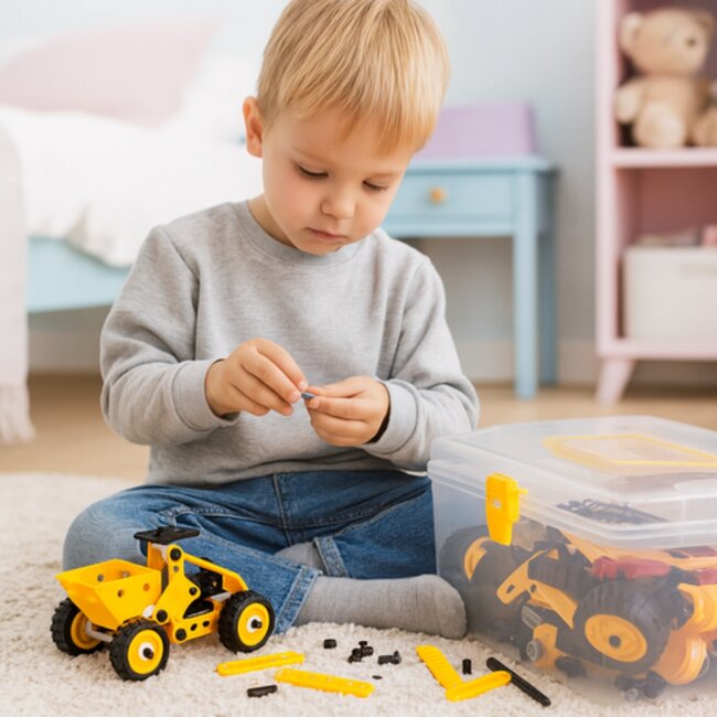 Ruhhy Bouwset voertuigen 100-delig – constructiespeelgoed met gereedschap, wielen en tandwielen voor kinderen