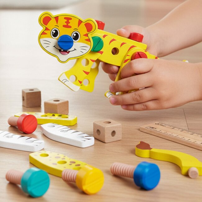 Kruzzel Houten gereedschapskist voor kinderen – bouwset met gereedschap, schroeven en dierenfiguren