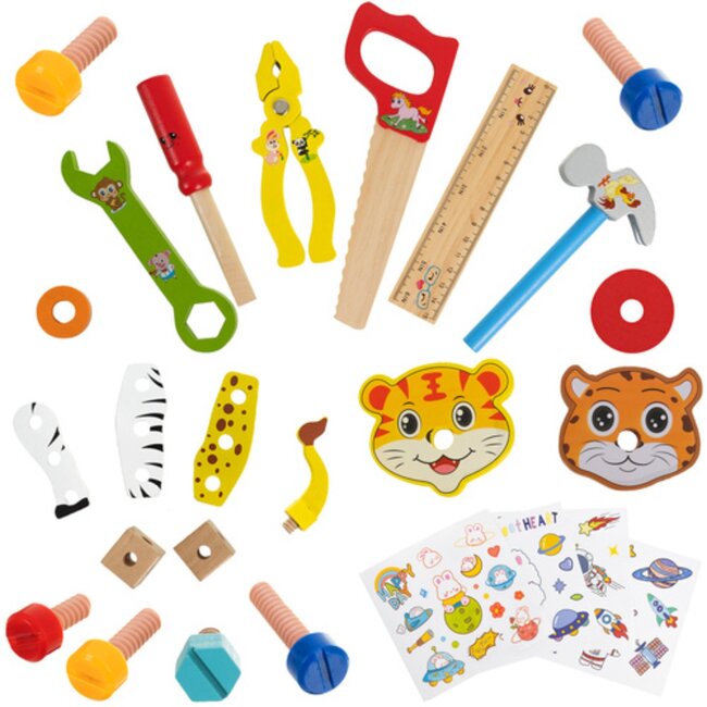 Kruzzel Houten gereedschapskist voor kinderen – bouwset met gereedschap, schroeven en dierenfiguren