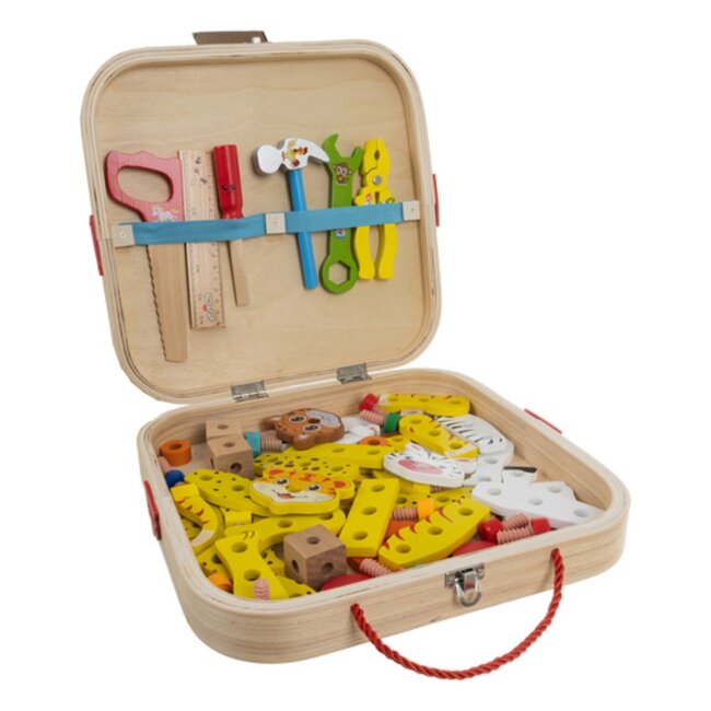 Kruzzel Houten gereedschapskist voor kinderen – bouwset met gereedschap, schroeven en dierenfiguren