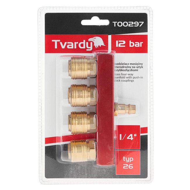 Tvardy Messing 4-weg luchtsplitter 1/4 inch met snelkoppelingen voor pneumatische systemen