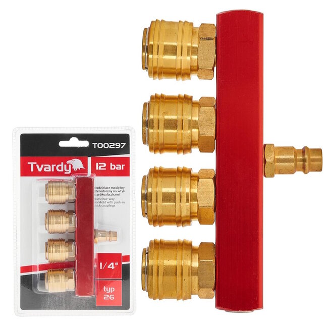 Tvardy Messing 4-weg luchtsplitter 1/4 inch met snelkoppelingen voor pneumatische systemen