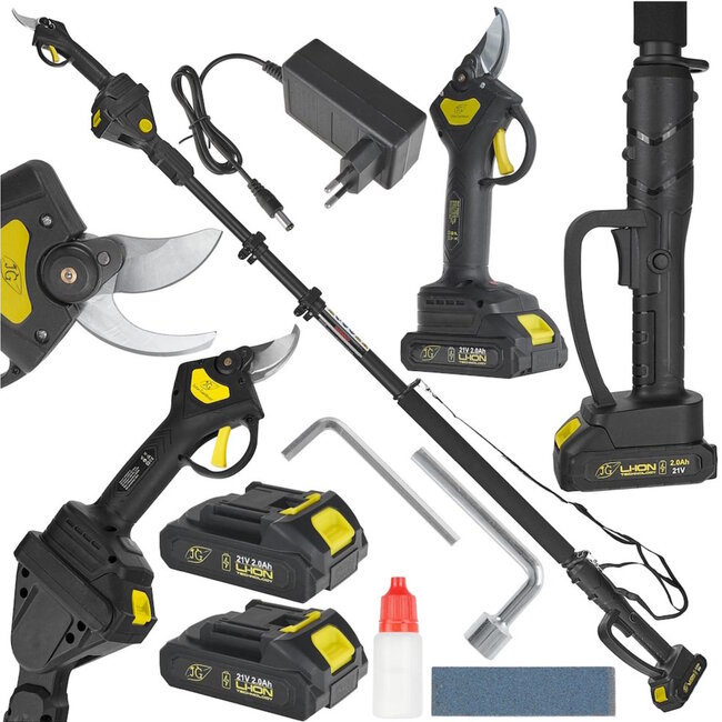 John Gardener 21V snoeischaar op accu met telescopische steel 1,65–2,5 m en 2x2.0Ah batterijen voor takken tot 30 mm