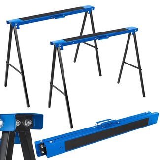 GEKO Set van 2 opklapbare zaagbokken van staal met antislip werkvlak voor werkplaats en bouw