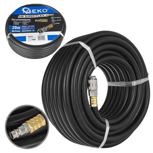 GEKO Rubberen luchtslang 20 m 10x17 mm met 1/4 inch snelkoppelingen – flexibel en oliebestendig