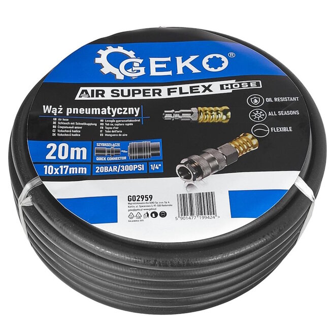 GEKO Rubberen luchtslang 20 m 10x17 mm met 1/4 inch snelkoppelingen – flexibel en oliebestendig