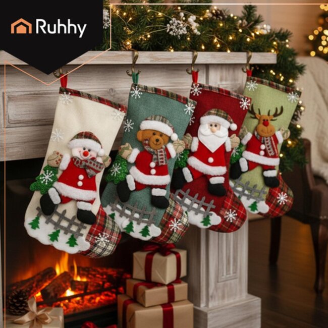 Ruhhy kerstsokken set 4 stuks – decoratieve sokken met kerstman, rendier en sneeuwpop