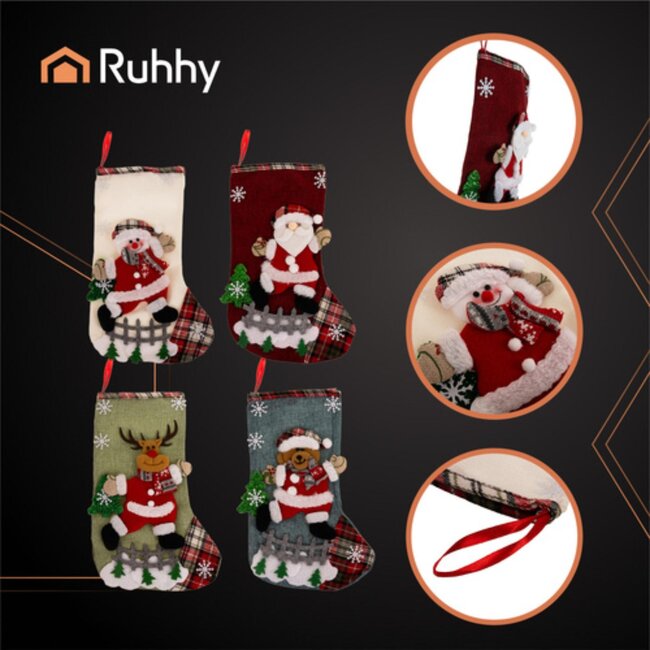 Ruhhy kerstsokken set 4 stuks – decoratieve sokken met kerstman, rendier en sneeuwpop