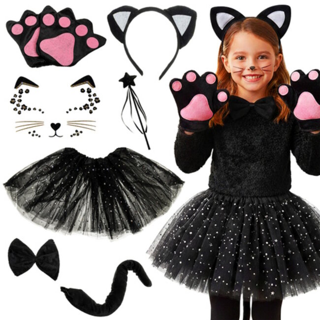 Kruzzel Zwart kattenkostuum – 7-delige set met oren, rok, staart en accessoires voor 3 tot 10 jaar oud