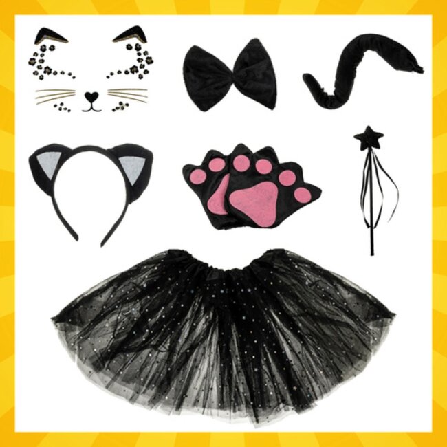 Kruzzel Zwart kattenkostuum – 7-delige set met oren, rok, staart en accessoires voor 3 tot 10 jaar oud
