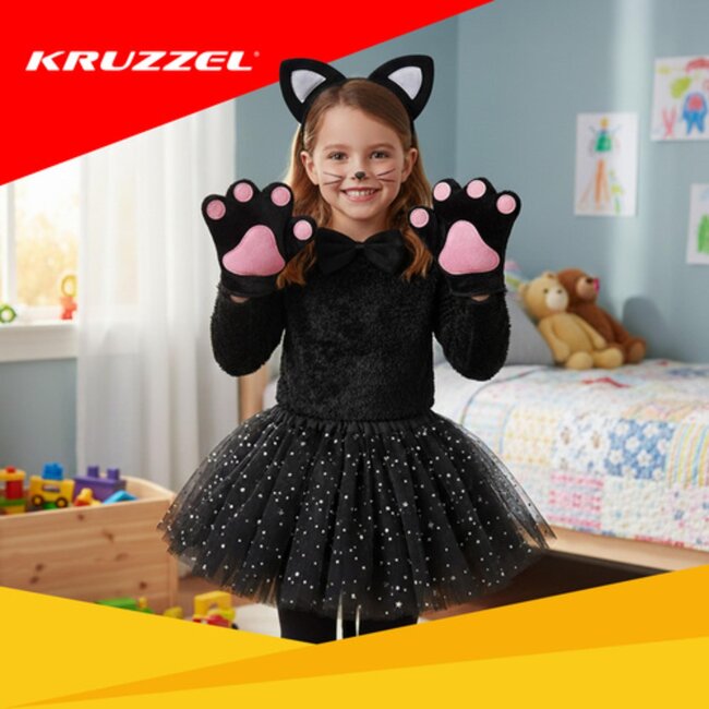 Kruzzel Zwart kattenkostuum – 7-delige set met oren, rok, staart en accessoires voor 3 tot 10 jaar oud