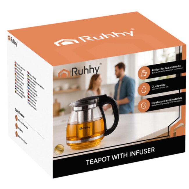 Ruhhy glazen theekan met RVS-infuser 2L – voor thee, koffie, kruiden- en fruitinfusies