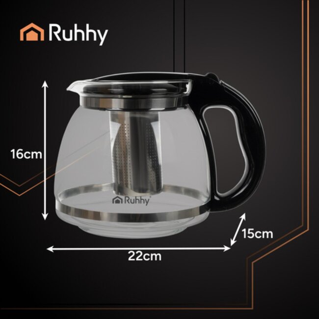 Ruhhy glazen theekan met RVS-infuser 2L – voor thee, koffie, kruiden- en fruitinfusies