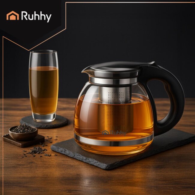 Ruhhy glazen theekan met RVS-infuser 2L – voor thee, koffie, kruiden- en fruitinfusies