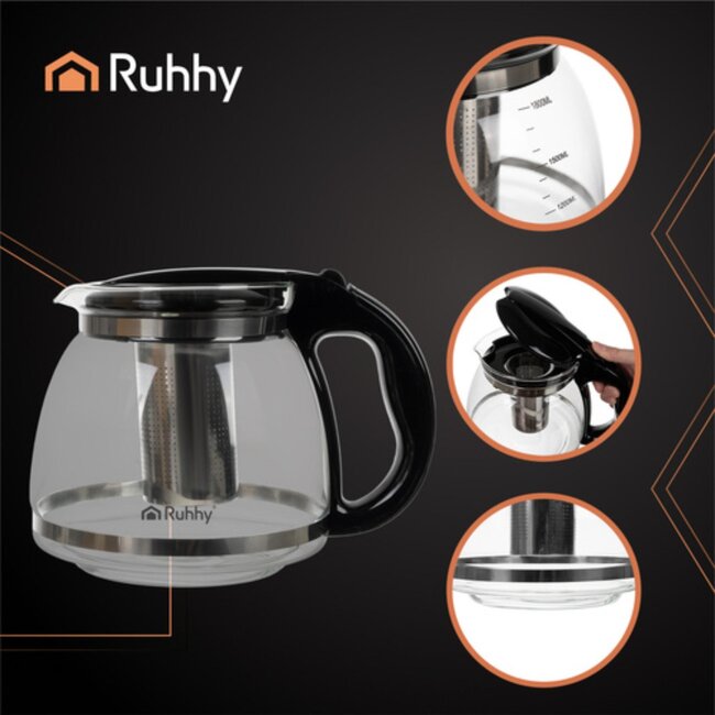 Ruhhy glazen theekan met RVS-infuser 2L – voor thee, koffie, kruiden- en fruitinfusies