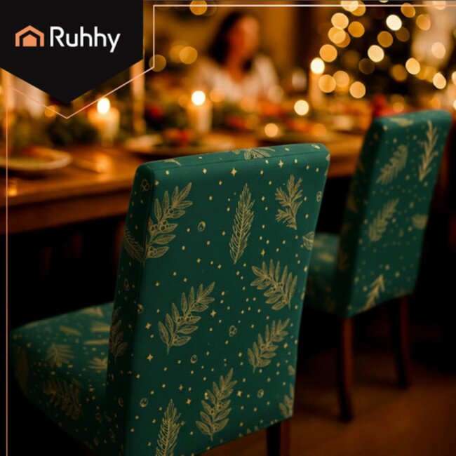 Ruhhy groene stoelhoezen set van 6 – elastische en wasbare stoelbescherming voor feestdagen