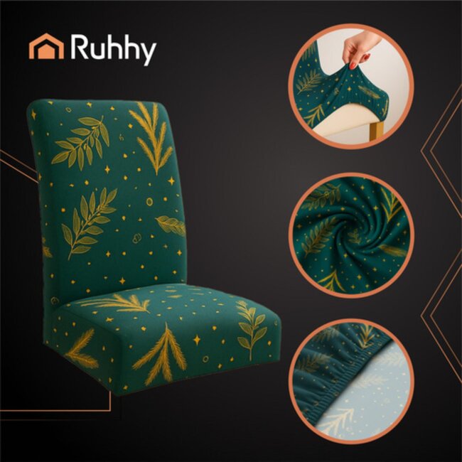 Ruhhy groene stoelhoezen set van 6 – elastische en wasbare stoelbescherming voor feestdagen