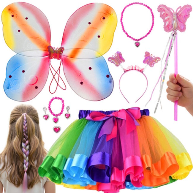Ruhhy Kleurrijk vlinderkostuum voor kinderen van 3 tot 10 jaar – 6 delig – met vleugels, rokje en toverstaf