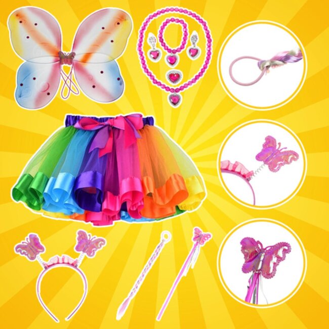 Ruhhy Kleurrijk vlinderkostuum voor kinderen van 3 tot 10 jaar – 6 delig – met vleugels, rokje en toverstaf