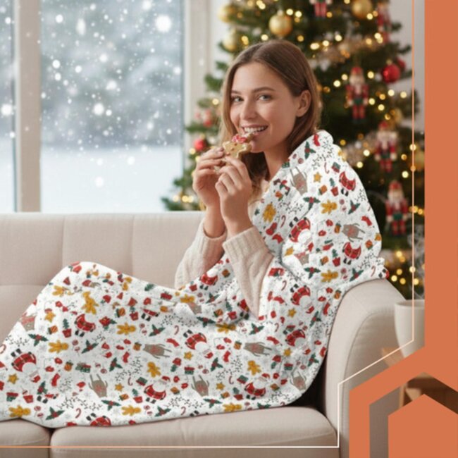 Ruhhy Witte kerstdeken 150x200 cm – zachte, lichte fleece plaid met feestelijk motief