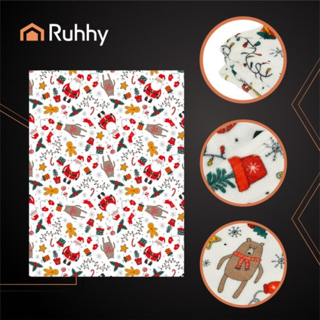 Ruhhy Witte kerstdeken 150x200 cm – zachte, lichte fleece plaid met feestelijk motief