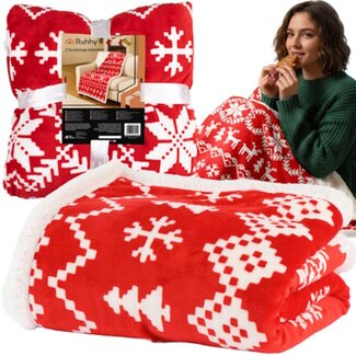 Ruhhy Zachte dubbelzijdige kerstdeken 130x170 cm – fleece plaid in rood en wit met feestelijk motief