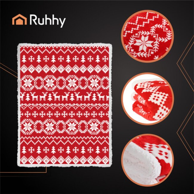 Ruhhy Zachte dubbelzijdige kerstdeken 130x170 cm – fleece plaid in rood en wit met feestelijk motief
