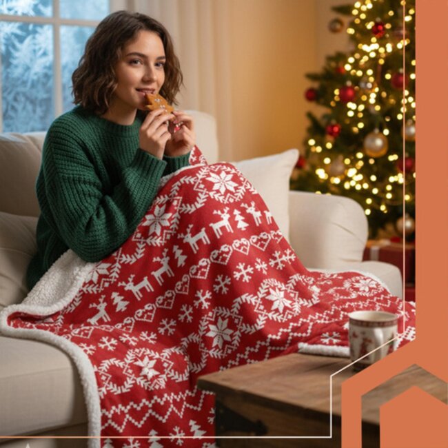 Ruhhy Zachte dubbelzijdige kerstdeken 130x170 cm – fleece plaid in rood en wit met feestelijk motief