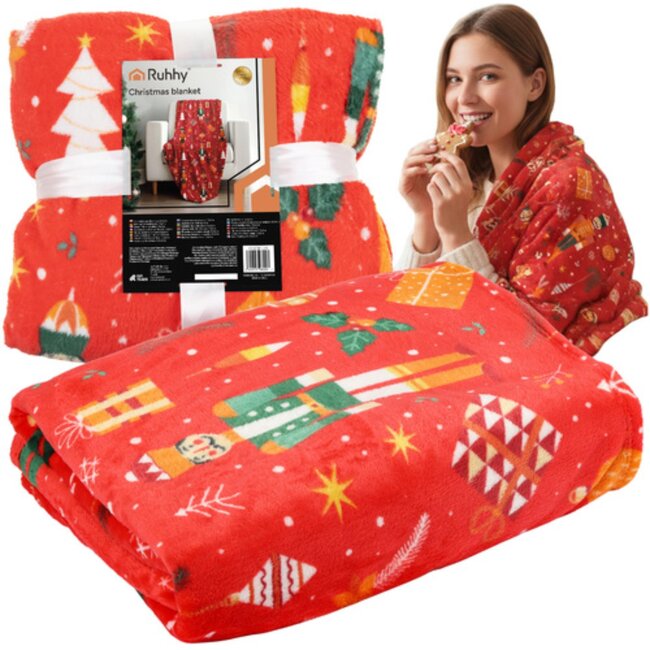 Ruhhy Grote flanellen kerstdeken 150x200 cm – warme plaid in rood met feestelijk patroon