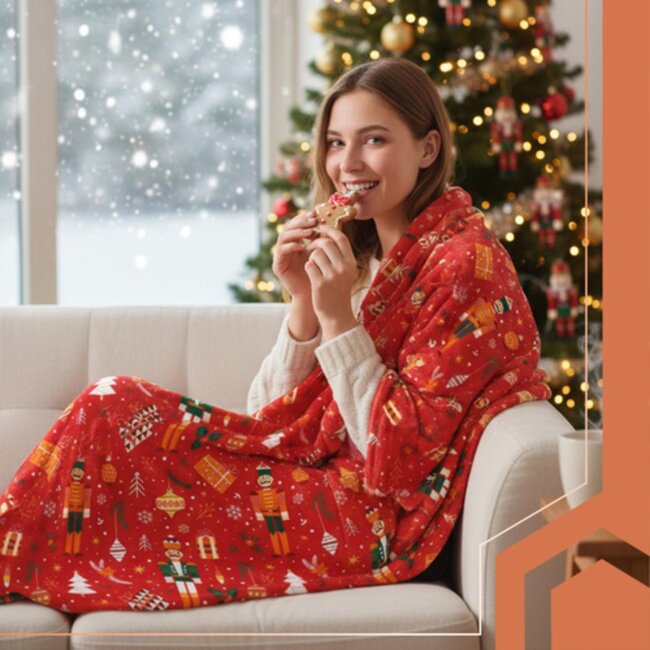 Ruhhy Grote flanellen kerstdeken 150x200 cm – warme plaid in rood met feestelijk patroon