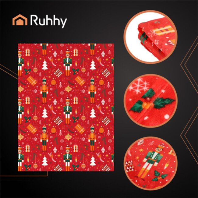 Ruhhy Grote flanellen kerstdeken 150x200 cm – warme plaid in rood met feestelijk patroon