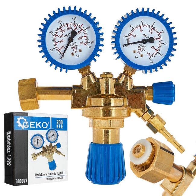 GEKO Zuurstofdrukregelaar 0–200 bar – messing reduceerventiel met dubbele manometers