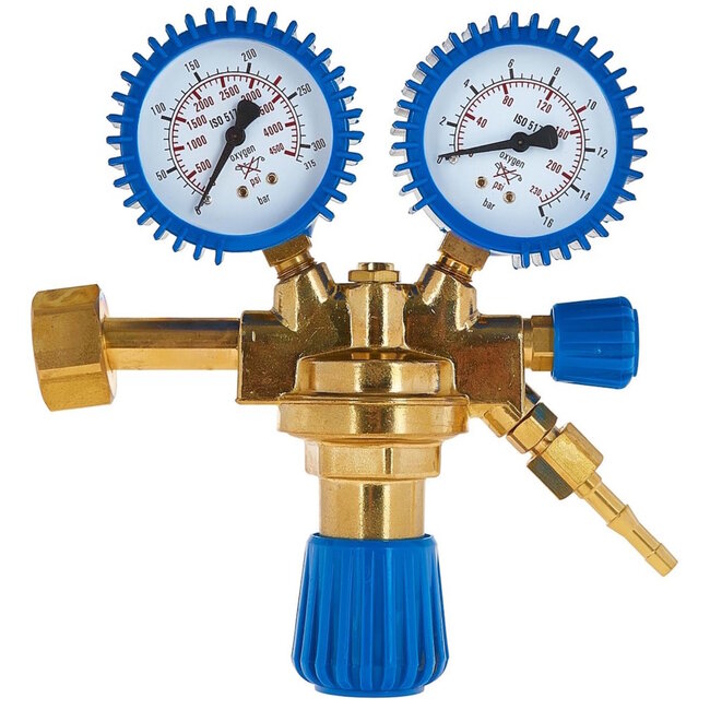 GEKO Zuurstofdrukregelaar 0–200 bar – messing reduceerventiel met dubbele manometers