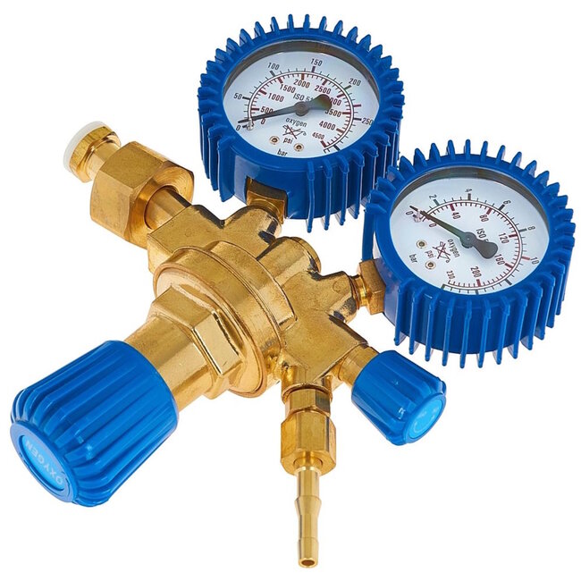 GEKO Zuurstofdrukregelaar 0–200 bar – messing reduceerventiel met dubbele manometers