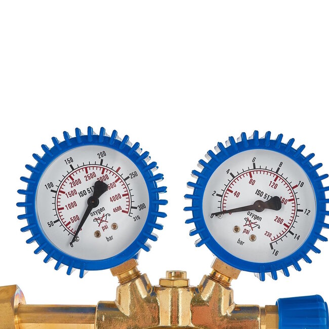 GEKO Zuurstofdrukregelaar 0–200 bar – messing reduceerventiel met dubbele manometers