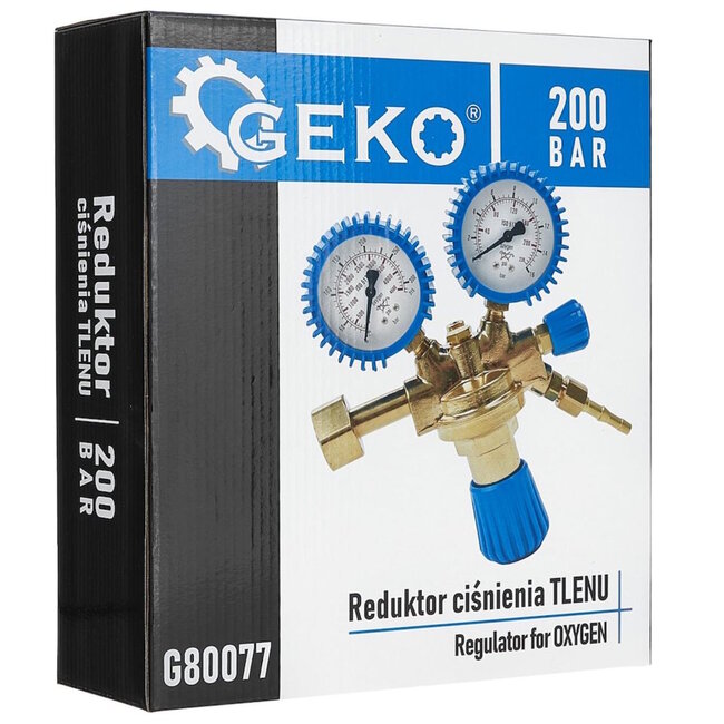 GEKO Zuurstofdrukregelaar 0–200 bar – messing reduceerventiel met dubbele manometers