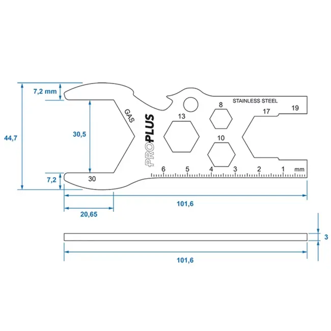 ProPlus Gasflessleutel multitool RVS met flessenopener, lineaal en sleutelmaten 8-30 mm