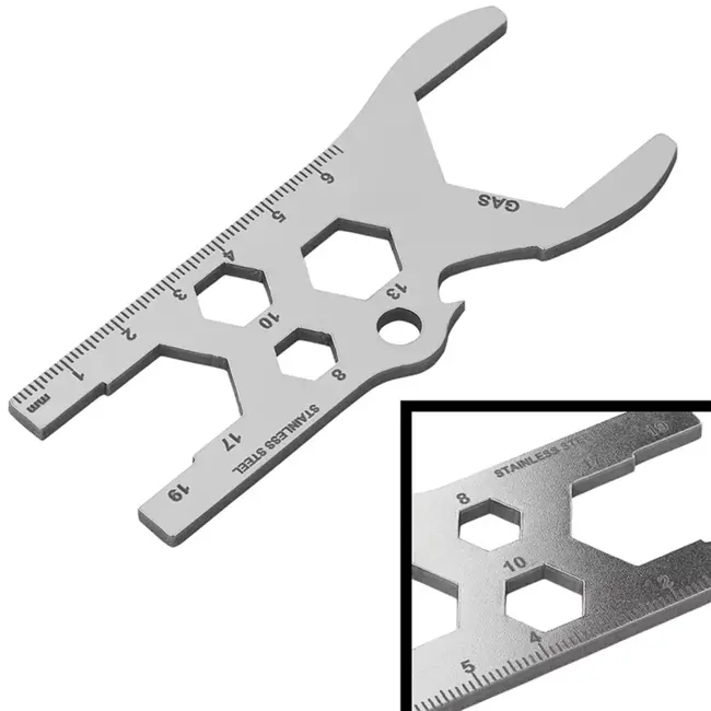 ProPlus Multifunctionele gasflessleutel RVS op kaart met lineaal, flessenopener en sleutelmaten 8-30 mm