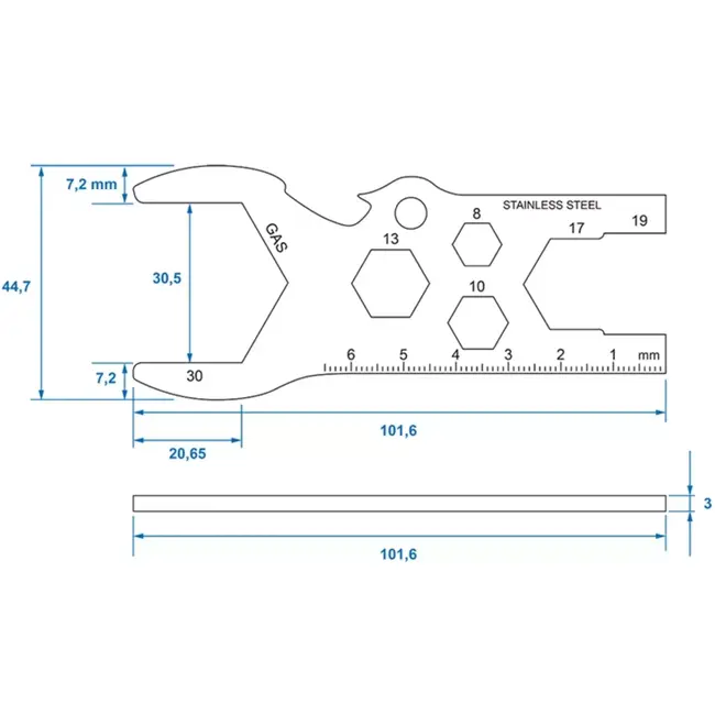ProPlus Multifunctionele gasflessleutel RVS op kaart met lineaal, flessenopener en sleutelmaten 8-30 mm