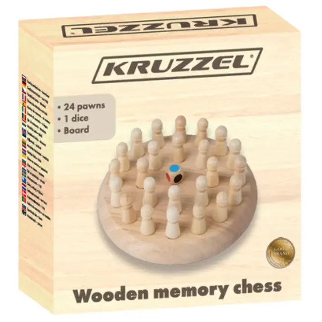 Kruzzel Houten memory schaakspel met 24 pionnen en dobbelsteen – leerzaam familiespel voor thuis