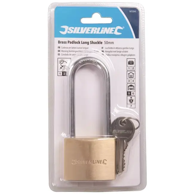 Silverline Hangslot - messing - geharde lange beugel voor extra beveiliging - 50 mm - mat - inclusief 3 sleutels - schuur en poort