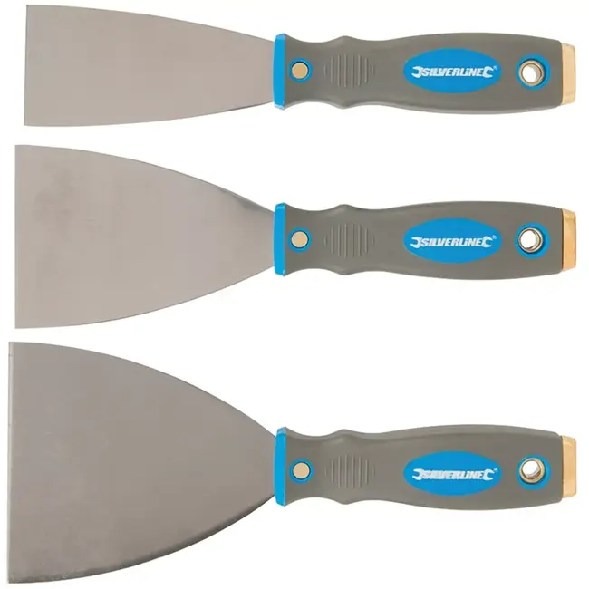 Silverline plamuurmessen set - roestvast staal - 5, 7,5 en 10 cm - zilver - 3-delig - vullen en gladstrijken van plamuur en gips