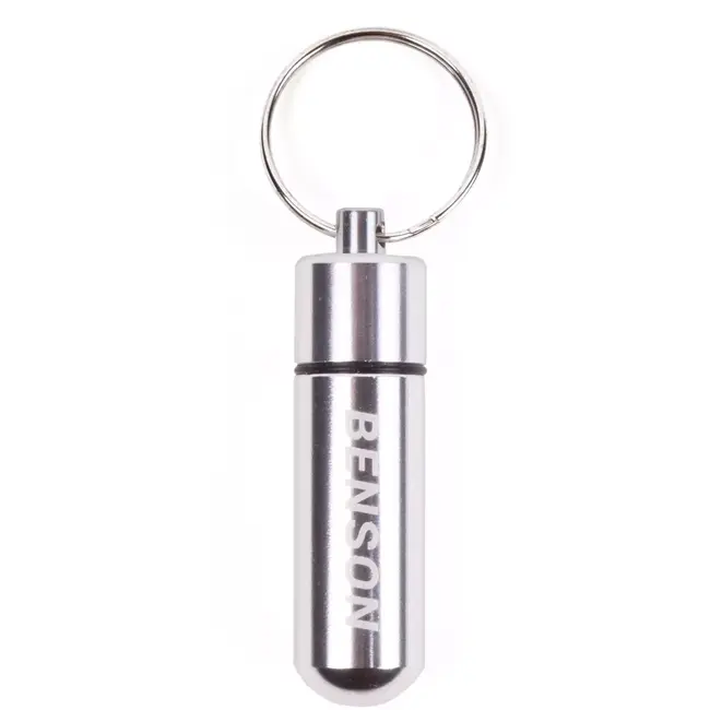 Benson Zilveren aluminium pillendoosje - waterdicht - met sleutelring - 52 x 14 mm